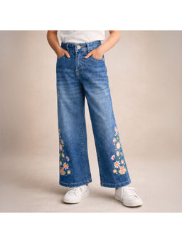 Purple United Kids - Girls Blue Denim Floral Embroidery Wide Leg Blue Jeans