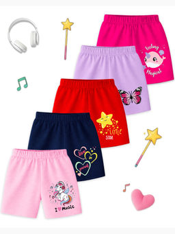 Kuchipoo - Girls Multi-Color Regular Fit Cotton Shorts (Pack Of 5)