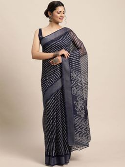 Odette - Womens Cotton Blend Navy Blue Printed Saree with Unstitched Blouse