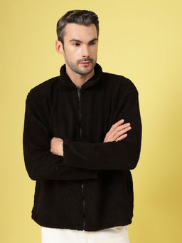 RIGO - Men Black Sherpa Solid Oversized Jacket