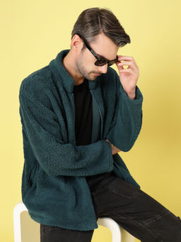 RIGO - Men Teal Sherpa Solid Oversized Jacket