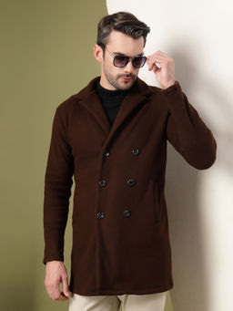 RIGO - Men Dark Brown Polar Fleece Solid Double Breasted Coat