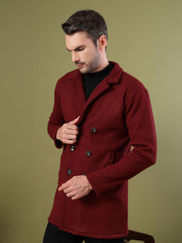 RIGO - Men Dark Maroon Polar Fleece Solid Double Breasted Coat