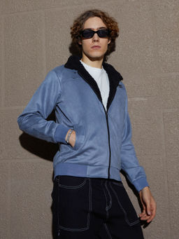 Campus Sutra - Men Icy Blue and Onyx Black Fleece Lined Bomber Jacket