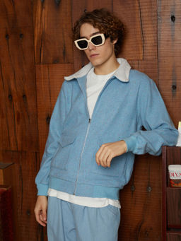 Campus Sutra - Men Powder Blue Fleece Lined Zip Front Jacket