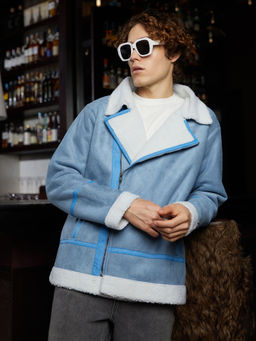 Campus Sutra - Men Icy Blue and Chalk White Fleece Lined Biker Jacket