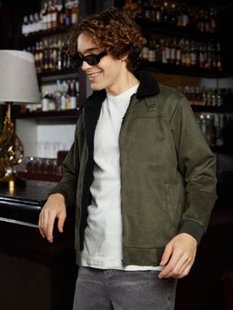 Campus Sutra - Men Army Green and Obsidian Black Fleece Lined Bomber Jacket