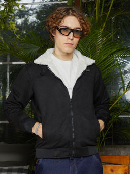 Campus Sutra - Men Raven Black and Chalk White Fleece Lined Bomber Jacket