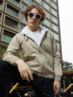 Campus Sutra - Men Saltbox Beige and Chalk White Fleece Lined Bomber Jacket
