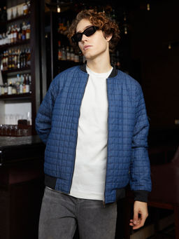 Campus Sutra - Men Indigo Blue Cubic Quilted Bomber Jacket