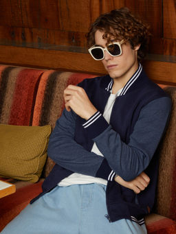 Campus Sutra - Men Navy Blue Block Bomber Jacket