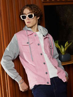 Campus Sutra - Men Bubblegum Pink and Coin Grey Block Denim Jacket