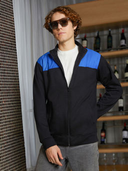Campus Sutra - Men Electric Blue and Obsidian Black Contrast Zip Front Jacket