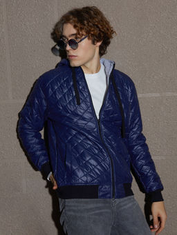 Campus Sutra - Men Indigo Blue Rhombus Quilted Bomber Jacket