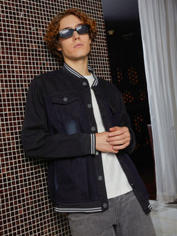 Campus Sutra - Men Prussian Blue Dark Wash Denim Bomber Jacket