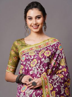 Akhilam - Wine Festive Bhagalpuri Silk Printed Saree with Unstitched