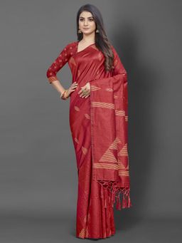 Akhilam - Women Cotton Silk Red Woven Design Designer Saree with Unstitched Blouse