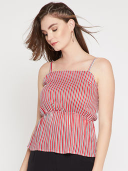 Marie Claire - Women Red Colour Shoulder Straps Vertical Stripes Cinched Waist Top