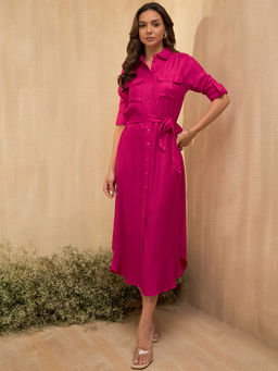 Marie Claire - Women Pink Colour Midi Solid Dress with Belt (Set of 2)