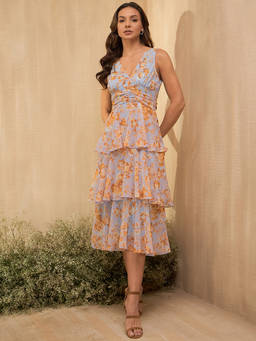 Marie Claire - Women Sky Blue Colour Midi Floral Dress