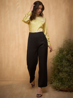 Marie Claire - Women Green & Black Printed Mandarin Collar Long Sleeves Basic Jumpsuit