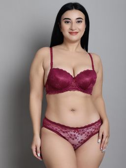 Makclan - Maroon Daringly Divine Lace Lingerie Bra and Panty (Set of 2)