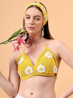 Velvery - Yellow Floral Crochet Halter Neck Padded Bralette