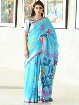 Beatitude - Blue Handwoven Linen Jamdani Saree without Blouse