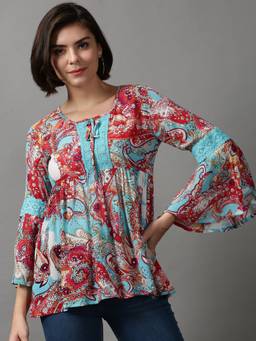 SHOWOFFFF - Women's Flutter Sleeves Ethnic Motifs Blue Peplum Top