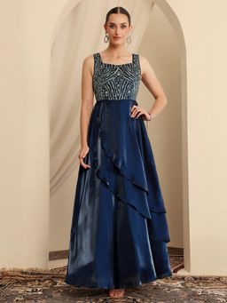 Miss Chase - Luxe Womens Sleeveless Navy Blue Ethnic Gown