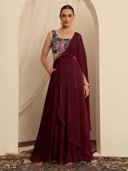 Miss Chase - Luxe Womens Luxe Layered Satin Wine Ethnic Gown
