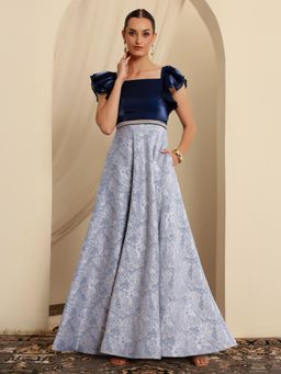 Miss Chase - Luxe Womens Navy Blue Square Neck Ruffled Floral Ethnic Gown