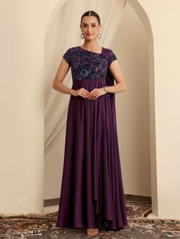 Miss Chase - Luxe Womens Purple Asymmetric Draped Ethnic Gown