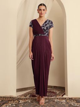 Miss Chase - Luxe Womens Wine V-Neck Ethnic Gown