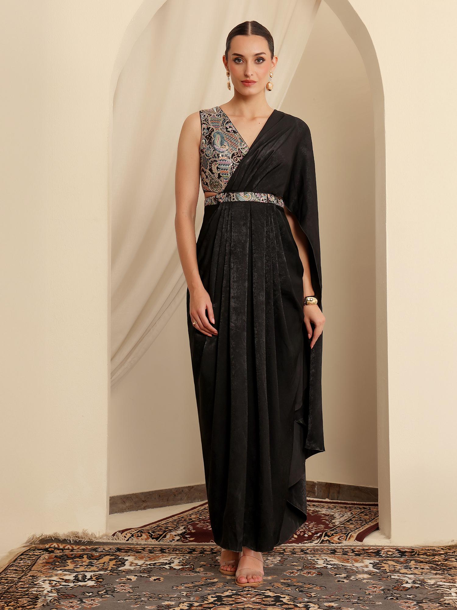 miss chase Luxe Womens Black V-Neck Asymmetric Embroidered Draped Satin Ethnic Gown-picture-15