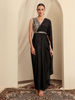 Miss Chase - Luxe Womens Black V-Neck Asymmetric Embroidered Draped Satin Ethnic Gown