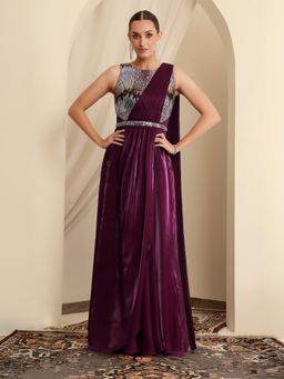 Miss Chase - Luxe Womens Round Neck in Dark Purple Ethnic Gown