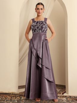 Miss Chase - Luxe Womens Dusty Purple Square Neck Ethnic Gown