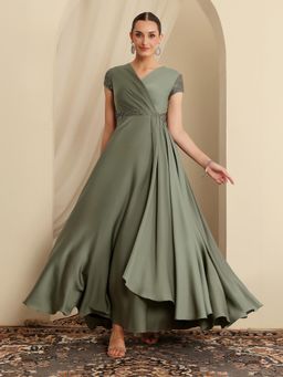 Miss Chase - Luxe Womens Pale Olive in Asymmetric Draped Premium Satin Ethnic Gown