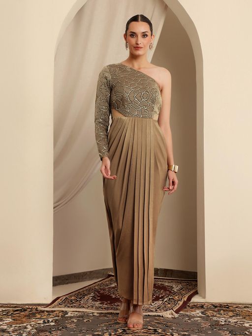 Buy Miss Chase Luxe Womens Dark Beige One Shoulder Draped Velvet Ethnic Gown  (XS) Online