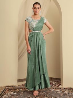 Miss Chase - Luxe Womens Siege Green Sweetheart Pleated Satin Ethnic Gown