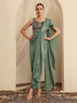 Miss Chase - Luxe Womens Siege Green Sweetheart Neck Pleated Satin Ethnic Gown