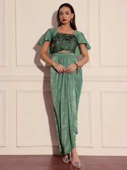 Miss Chase - Luxe Womens Sage Green Sweetheart Draped Satin Ethnic Gown