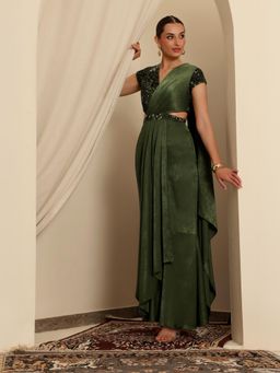 Miss Chase - Luxe Womens Olive V-Neck Short-Sleeve Draped Ethnic Velvet Gown