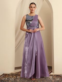 Miss Chase - Luxe Womens Embellished Dusty Purple Ethnic Gown