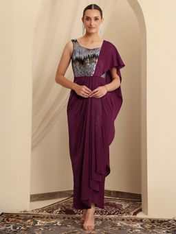Miss Chase - Luxe Womens Wine Sweetheart Embellished Ethnic Gown