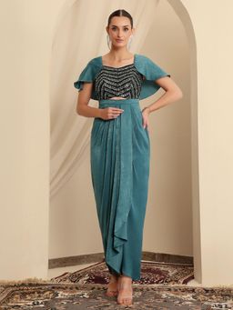 Miss Chase - Luxe Womens Teal Sweetheart Cape Embellished Draped Satin Ethnic Gown