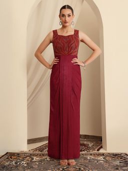 Miss Chase - Luxe Womens Embroidered Satin Ethnic Gown in Red