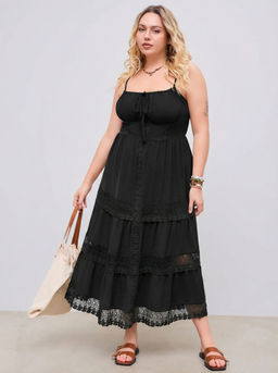 Cider - Woven Lace Trim Corset Tiered Cami Ruffle Maxi Dress Curve & Plus
