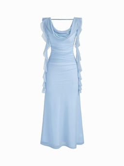 Cider - Cowl Neck Solid Ruffle Hem Ruched Maxi Dress